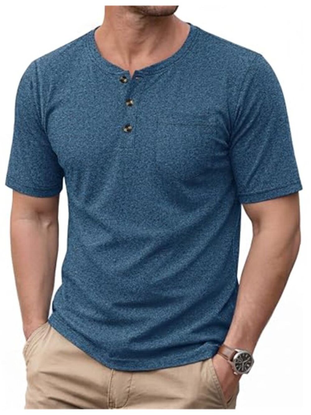 Mens Henley Shirt Short Sleeve Cotton Pocket Tee 3 Button Blue Casual Summer